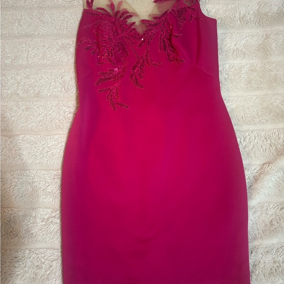 Tadashi Shoji Fuchsia Beaded Illusion Sheath Dress | Formal Cocktail | Size M - Picture 2 of 7